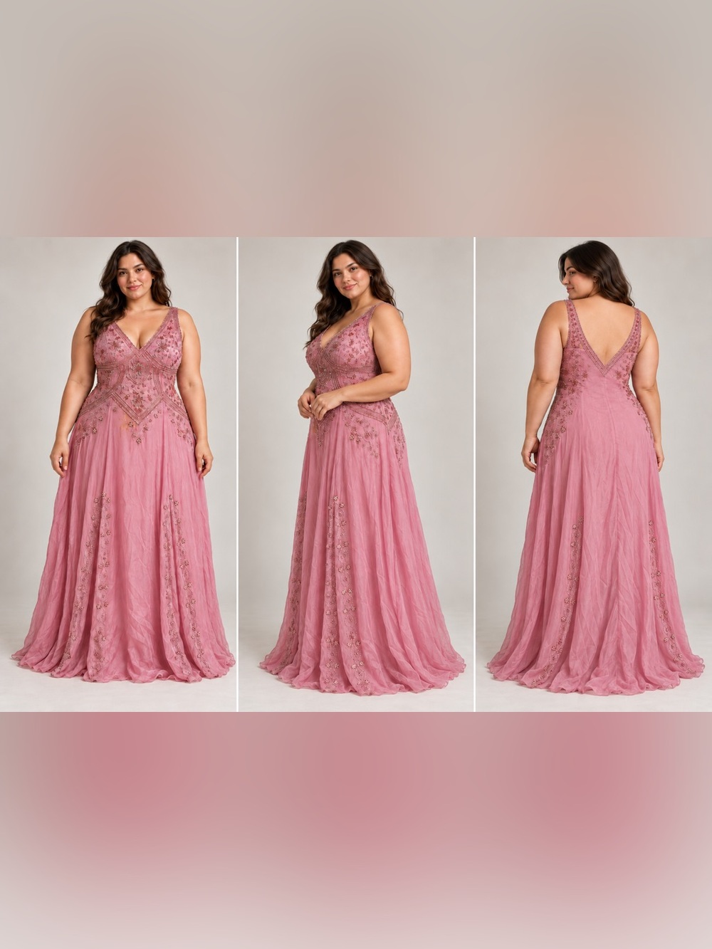 Elegant Rose Pink V-Neck Evening Gown